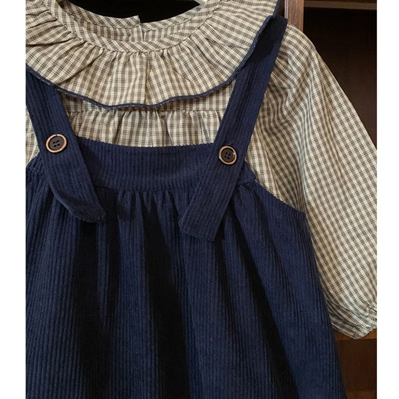 Dark Blue Corduroy Little Girls Jumper Dress Autumn Spring Suspender Toddler Corduroy Dresses With Plaid Blouse  2 To 8 Years