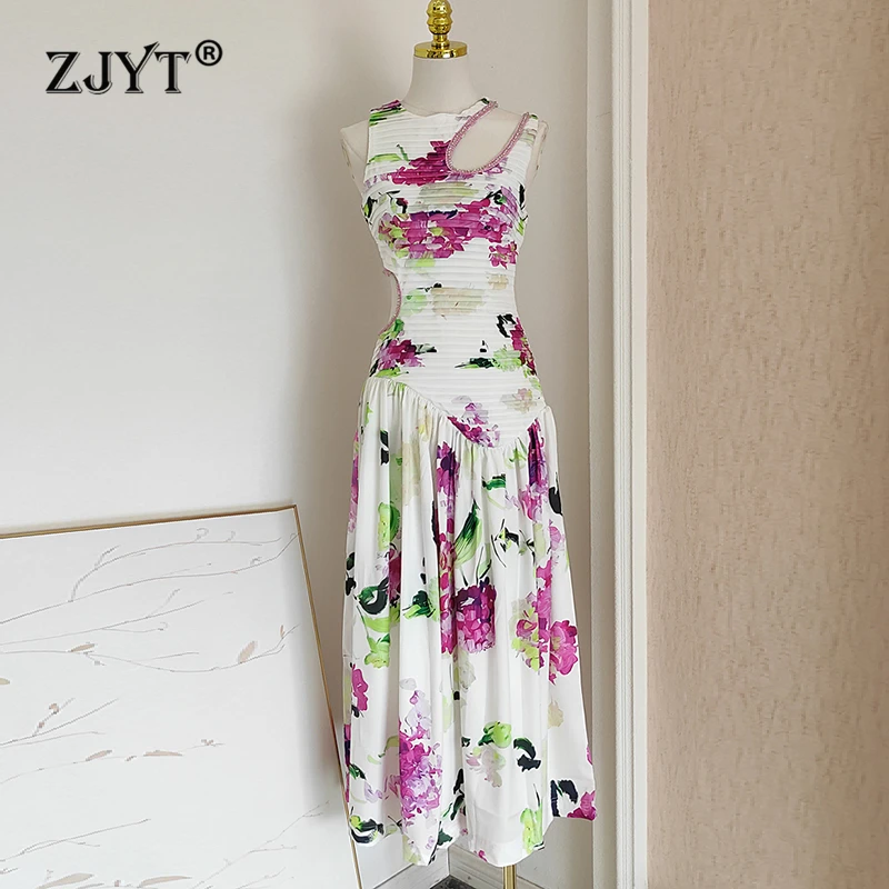 

ZJYT Fashion Summer Dresses 2024 Beading Hollow Out Print Sleeveless Midi Dress Holiday Casual Vestidos Elegantes Para Mujeres