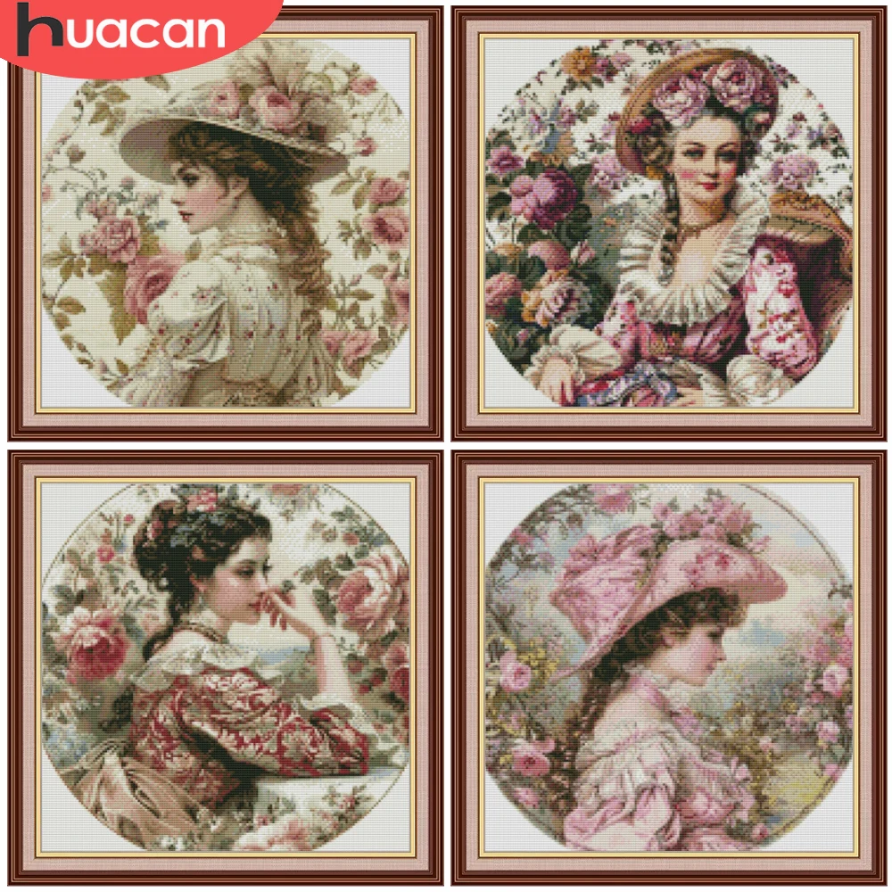 HUACAN Rosen-Blumen-Kreuzstich-Set Frauenporträt 11CT Heimdekorationsartikel DMC-Set Vorgedruckt auf Leinwand
