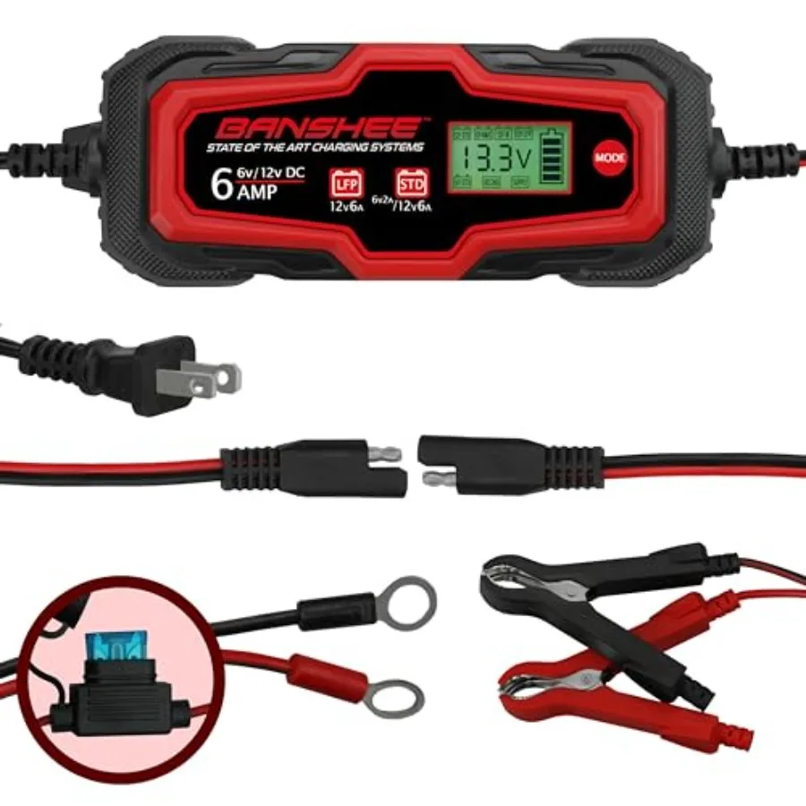 

Smart Battery Charger, Maintainer, Desulfator 6A 6V/12V for Cars Trucks SUVs RVs: Lead Acid Wet STD AGM LiFePO4 Batteries, LCD