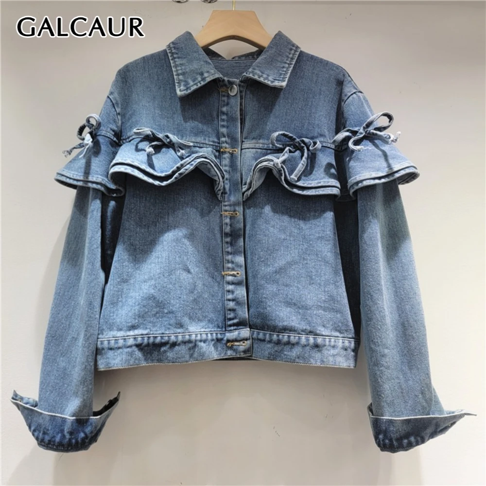 

GALCAUR Blue Spliced Ruffles Chic Jacket Female Lapel Long Sleeve Patchwork Bow Streetwear Women's Jackets Autumn Fashion Style