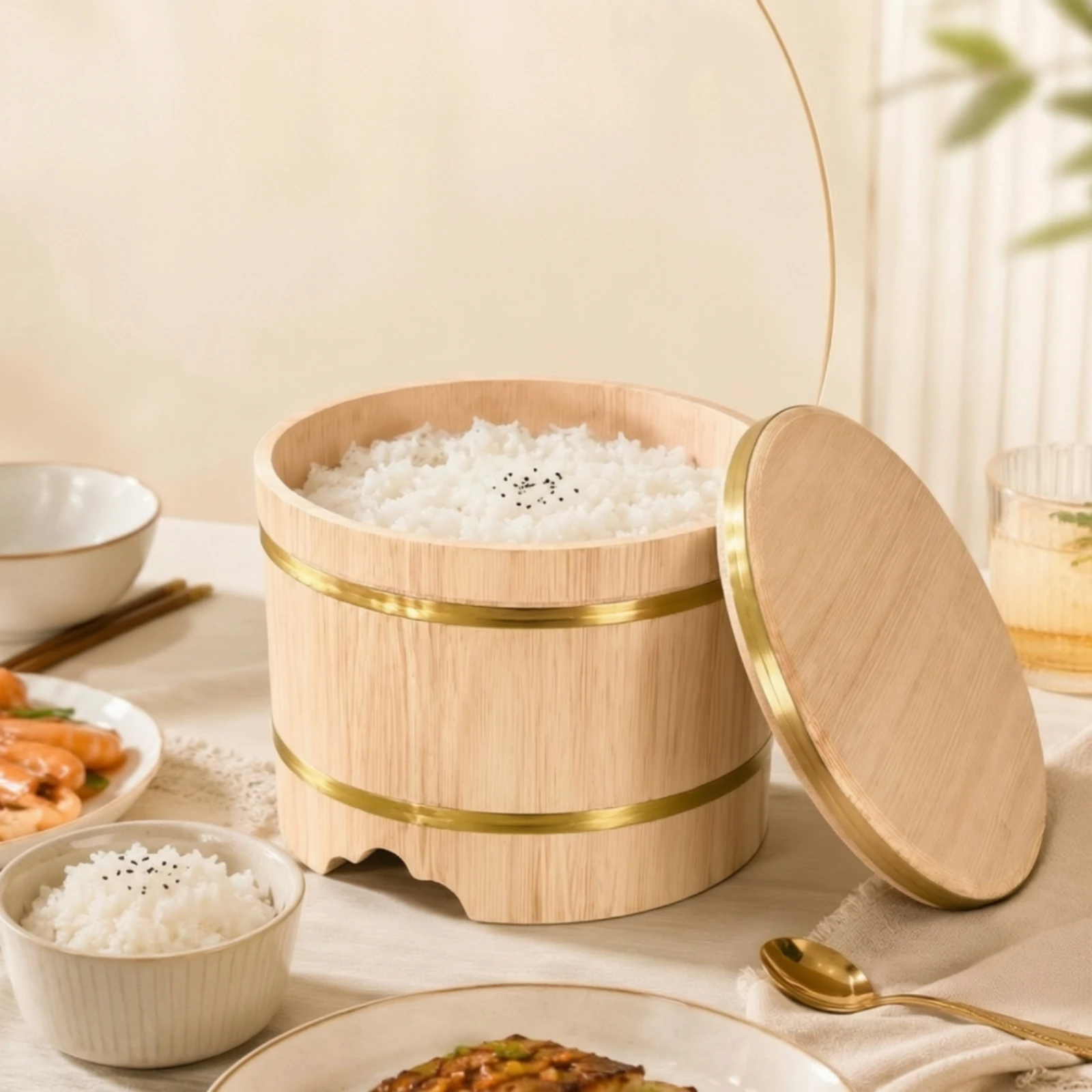 Container Countertop-Friendly Covered Rice Serving Barrel with Raised Base for Home Dining