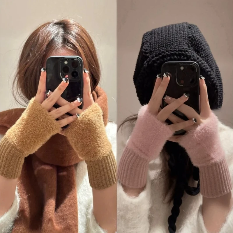 Women Soft Winter Fingerless Gloves Warm Plush Knitted Wrist Warmers Flexible for Typing Writing Cold Weather Hand Accessories