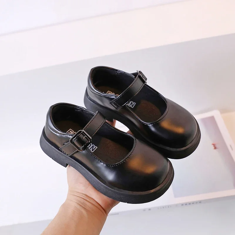 2024 New Black Girls Loafers for School Uniform Simple Round-toe Non-slip Round-toe Kids Versatile Soft Leather Shoes Children