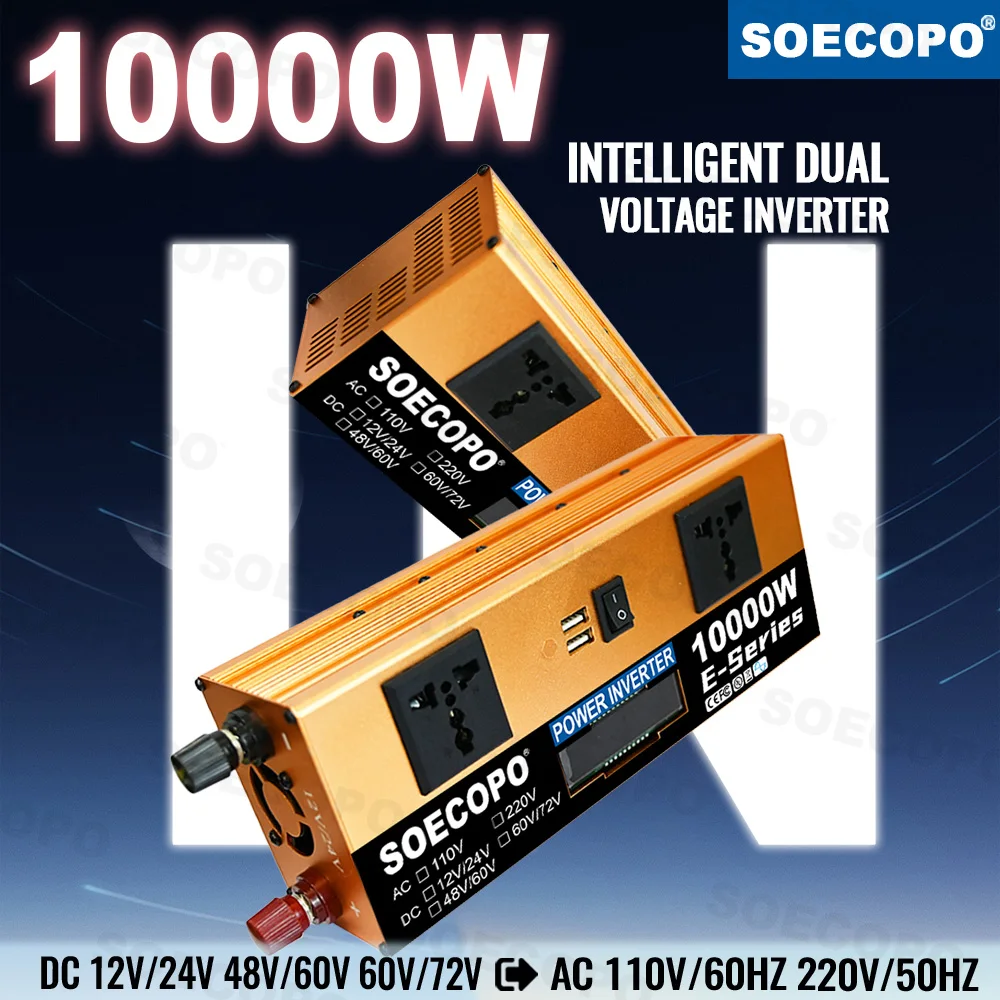 

SOECOPO 10000W Smart Solar Inverter 2 USB Ports 2 Sockets Dual Voltage Input Camping DC 12V/24V 48V/60V 60V/72V To AC 110/220V