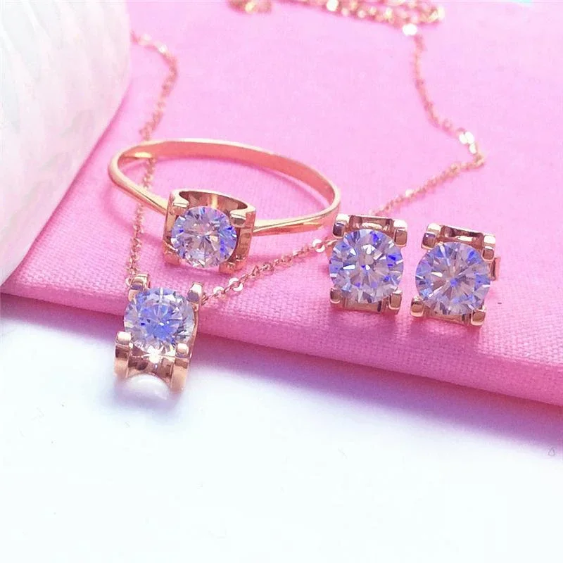 585 Purple Gold Plated 14k Rose Gold Four Prong Set Gemstone Jewelry Engagement Earrings for Women Classic Charm Necklaces Rings