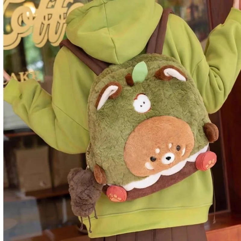 

Super Cute Forest Style Green Apple Color Backpack Cartoon Red Panda Plush Backpack Stylish Versatile Large-Capacity School Bag