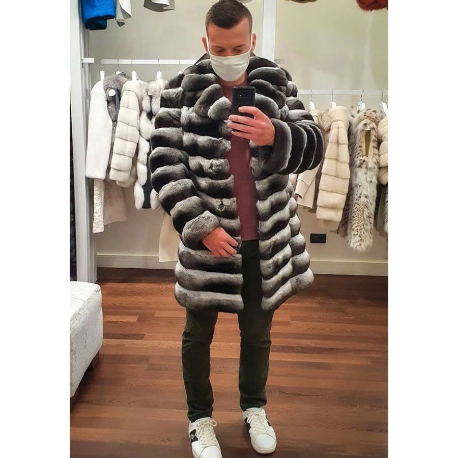 Real Rabbit Fur Jacket Men Chinchilla Rex Rabbit Fur Coats Men Winter Warm Rex Rabbit Coat Full Skin