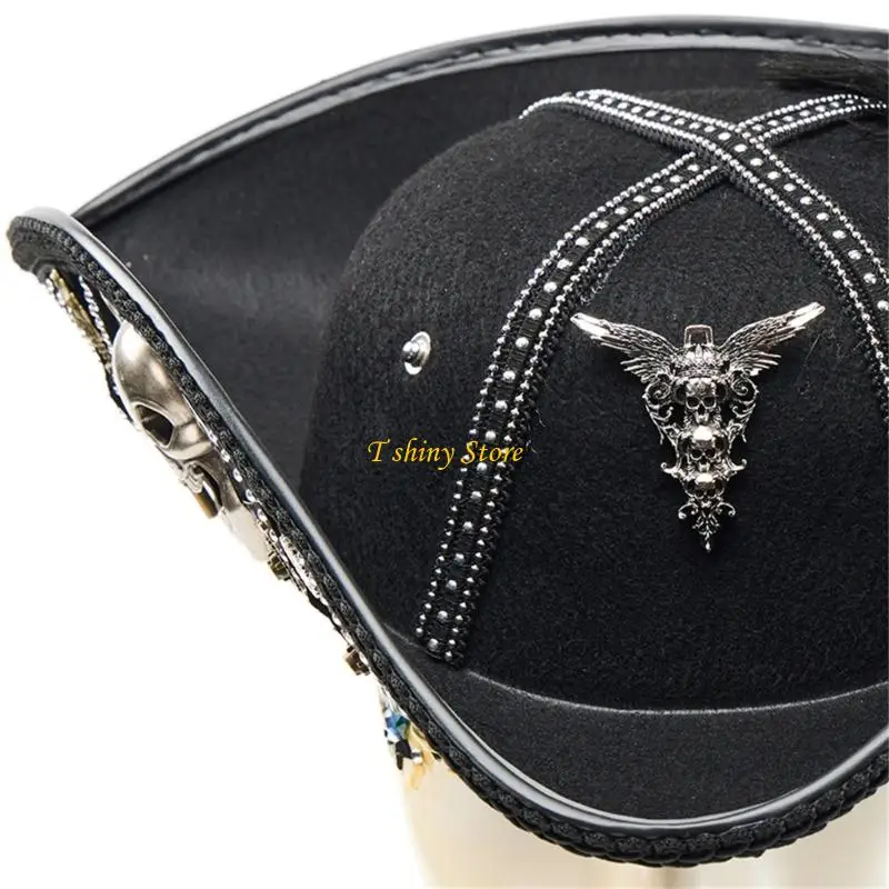 N58F Classical Black Pirate Hat With Trim Decors Adult Pirate Hat Perfect For Halloween Dressing Up And Themed Event