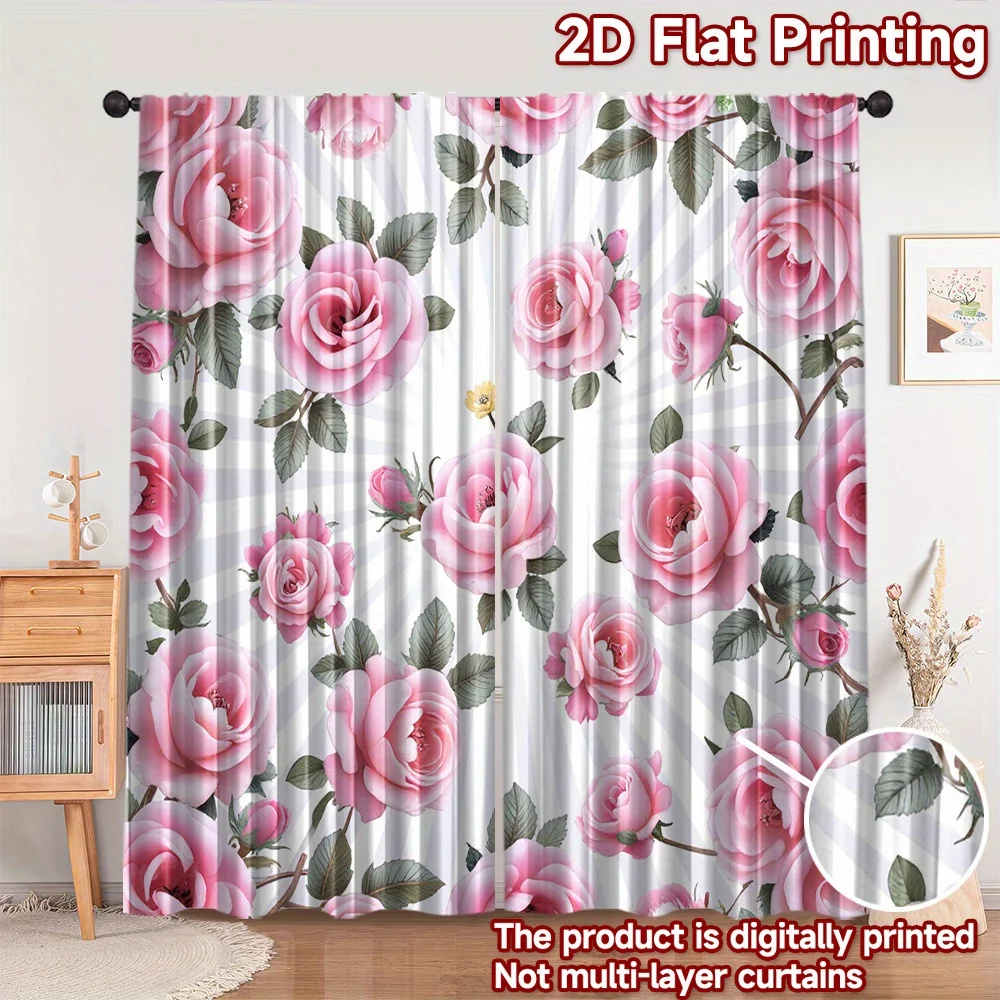 2 Stück Rosa Rosen-Vorhänge Vintage Blumenmuster Gestreifter Drapierungsstoff Schlafzimmer Wohnzimmer Fensterdekoration Romantische Heimdekoration Paneele