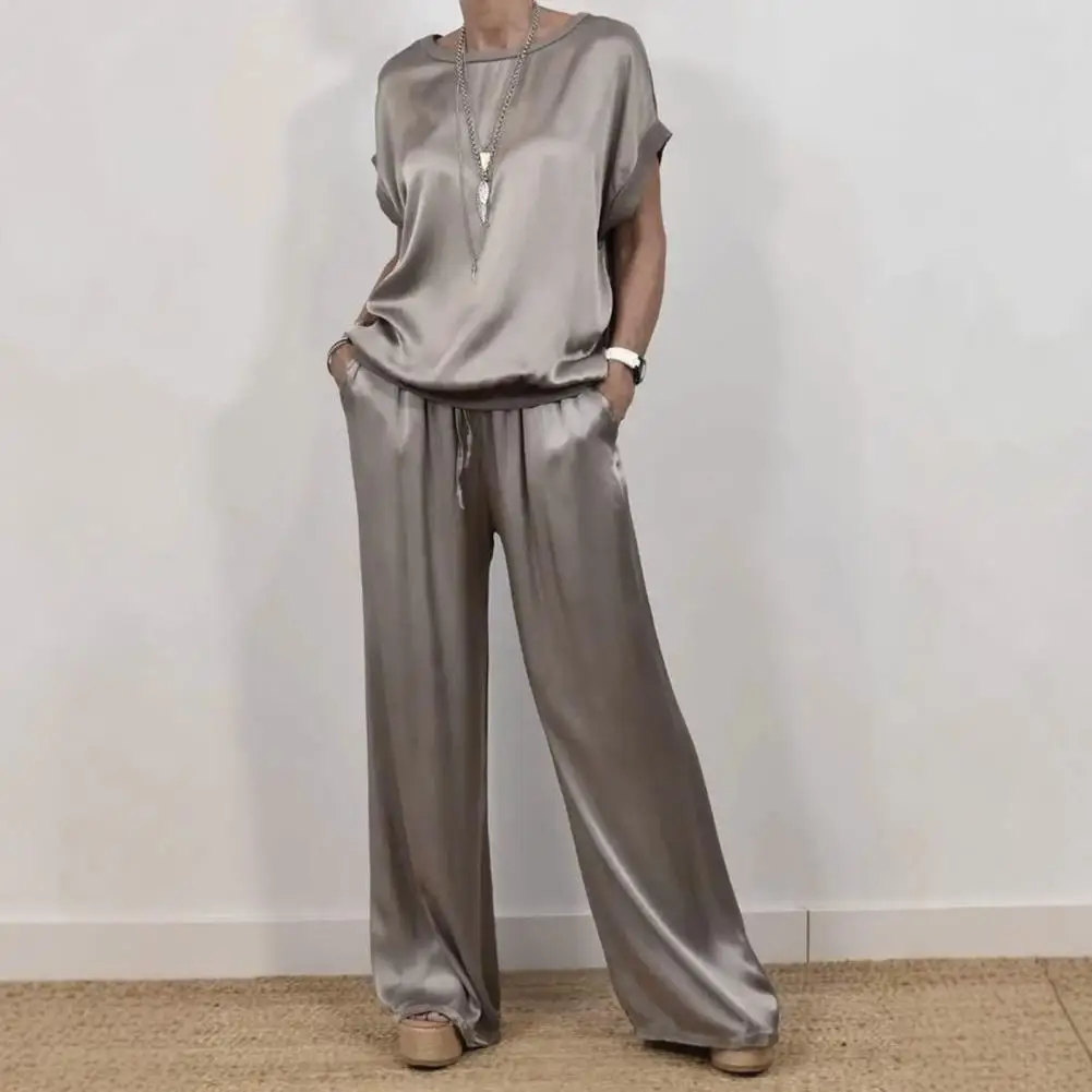 Women Top Pants Set Solid Color Two-piece Suit 2 Pcs Satin Women’s Top Wide Leg Pants Set Elastic Waist Trousers with Pockets