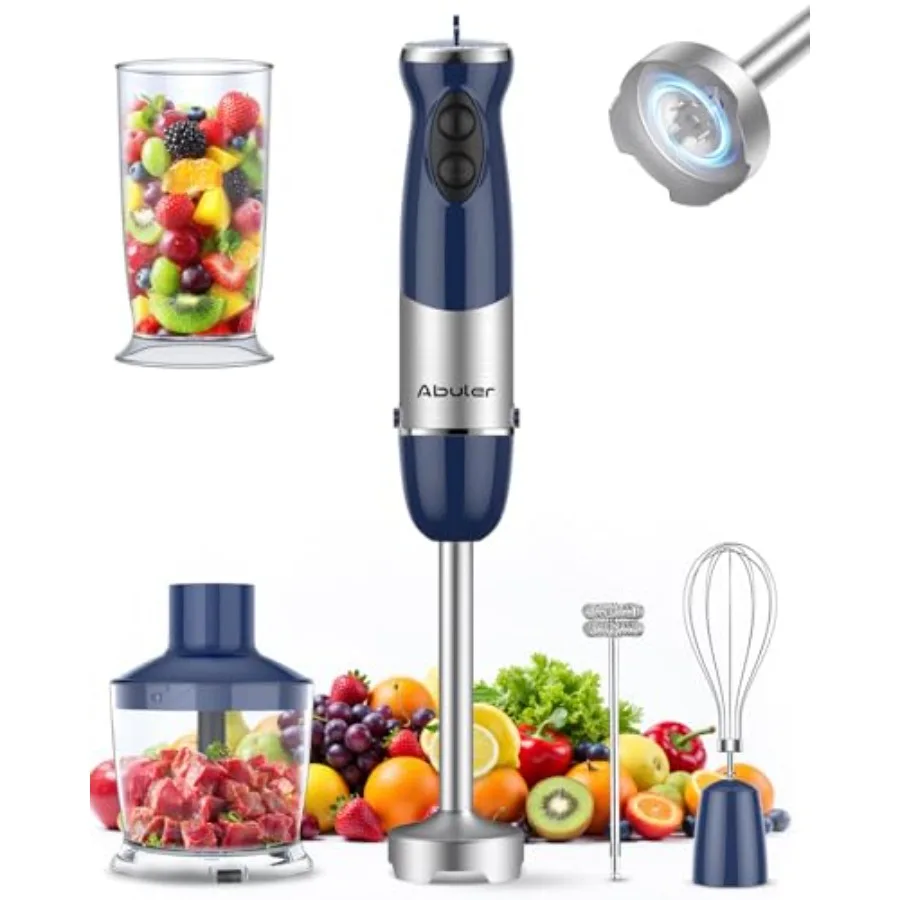 

Погружной ручной блендер 1000 Вт, 5-в-1, проводной, для кухни, с 12 скоростями, без BPA, с мерным стаканом, измельчителем и венчиком