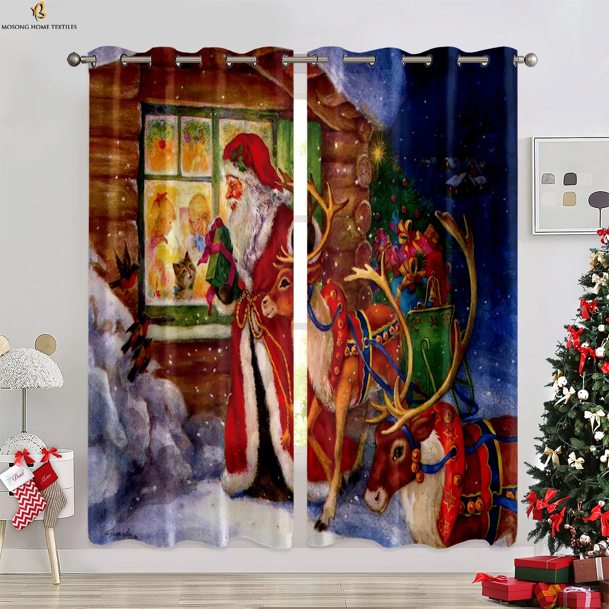 

Classic Cartoon Santa Claus Christmas Tree Print Curtains Bedroom Living Room Restaurant Holiday Party Decoration Curtains 2 Pcs