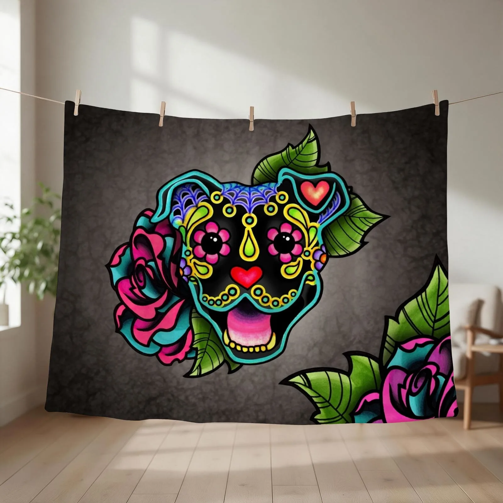 Smiling Pit Bull in Black - Day of the Dead Happy Pitbull - Sugar Skull Dog Throw Blanket