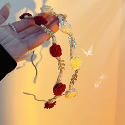 Women's Elegant Rose Vine Headband Hair Accessory Vintage Metal Flower Pearl Red and White Rose Headdress