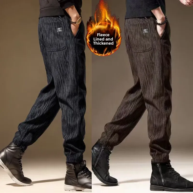 

Thiened Fce Lined Corduroy Men's Casual Pants Warm Trousers for Autumn Winter Wear Resistant Stainproof Cuffed Pants