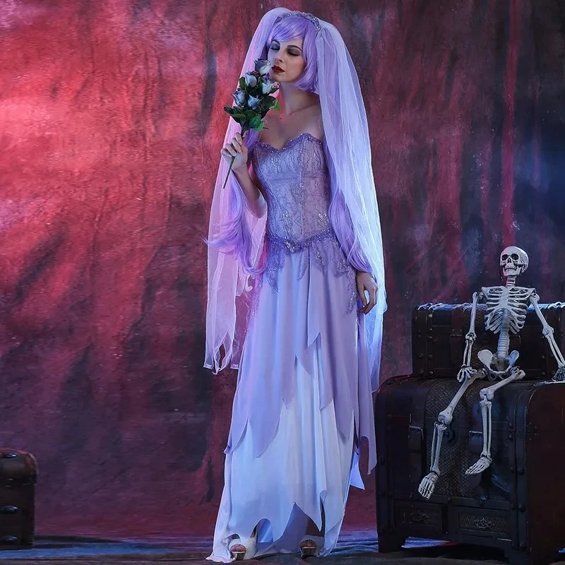Ghost Bride Costume for Halloween Women Corpse Masquerade Zombie Bride Cosplay Fancy Dress with Veil Scary Gothic Easter Clothes - view 2