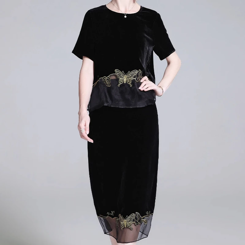 욜란페어리 실크 벨벳 여성용 수트 드레스 가을 패션 출퇴근 자수 라운드넥 티셔츠 실크 수트 세트 스커트 2025