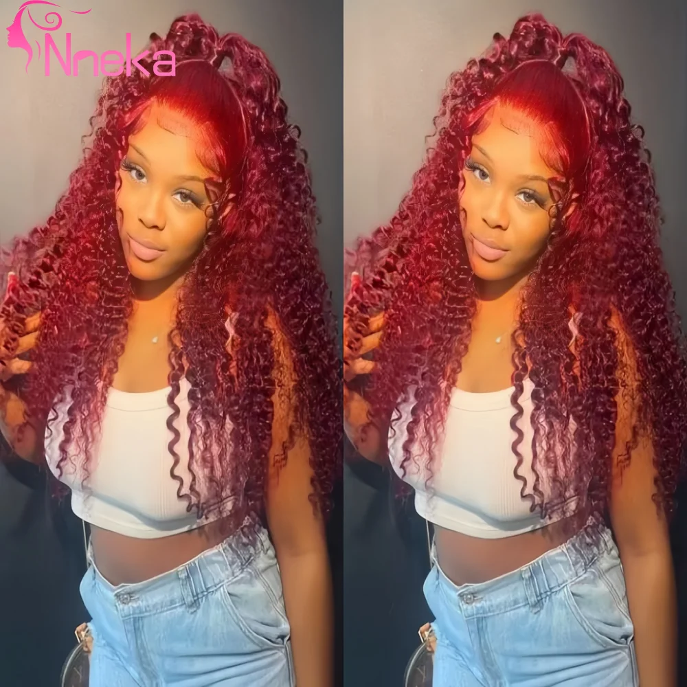 

99J Human Hair Wig Burgundy Deep Wave 13x6 HD Lace Front Wig Curly Red Color 13x4 Transparent Lace Frontal Human Hair For Women