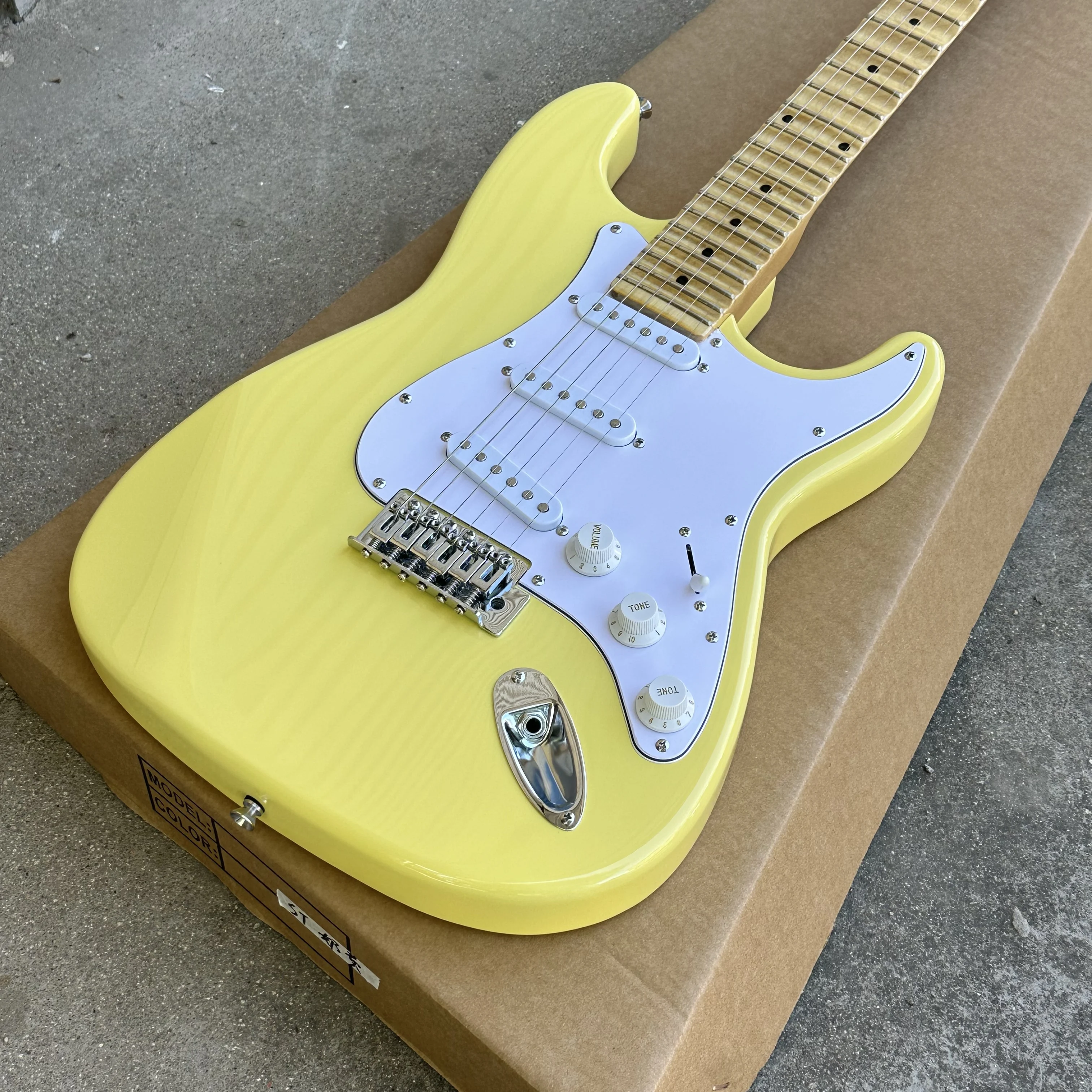 Hot Sale Cream yellow ST electric guitar Scalloped fingerboard,Big Head ,free shipping view 3