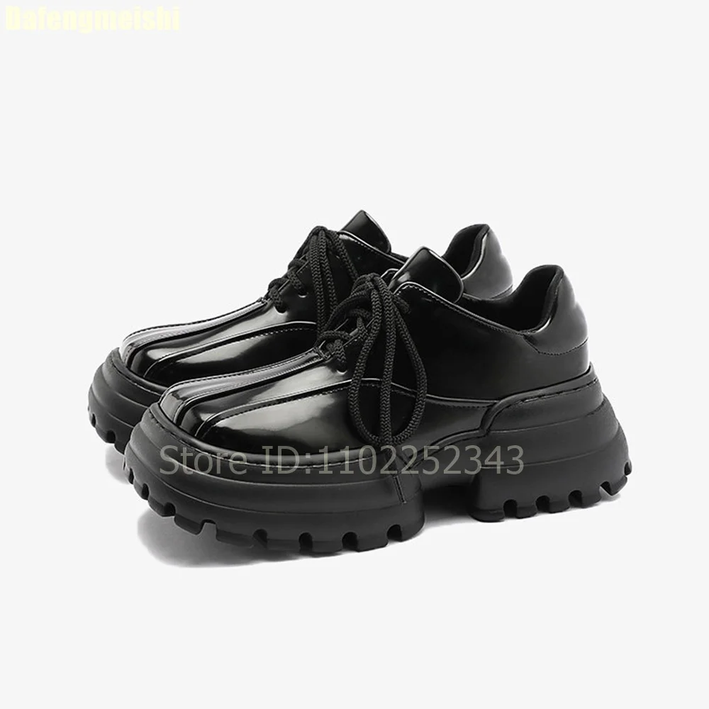 

2026 Spring New Style Square Toe Thick Sole Leather Shoes Women's College Style Retro Lace-Up Loafers Sporty Big Toe Shoes