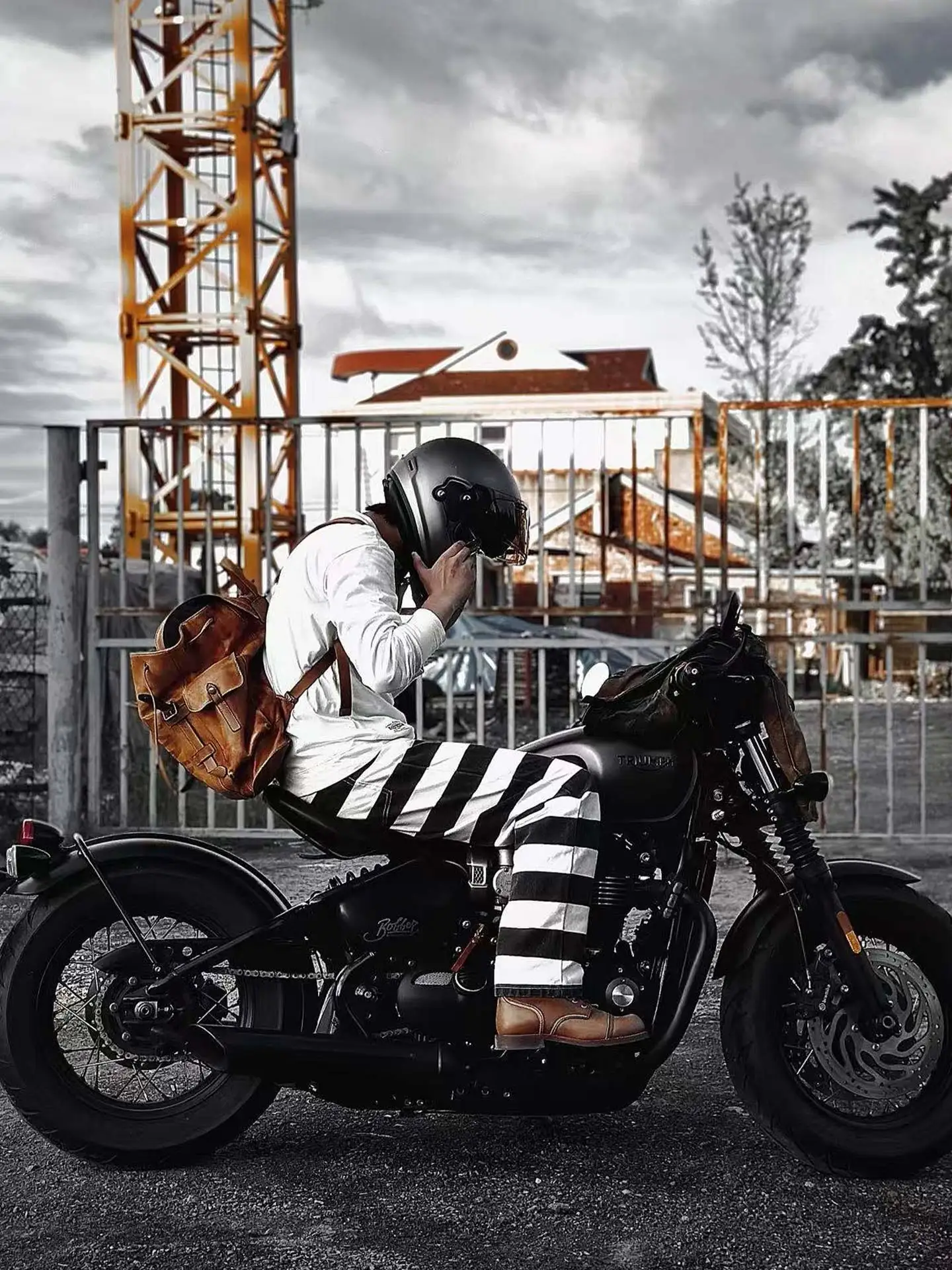 2025 Autumn New American Retro Heavyweight Canvas Black White Stripes Men's Motorcycle Pants Straight Washed Cargo Trousers