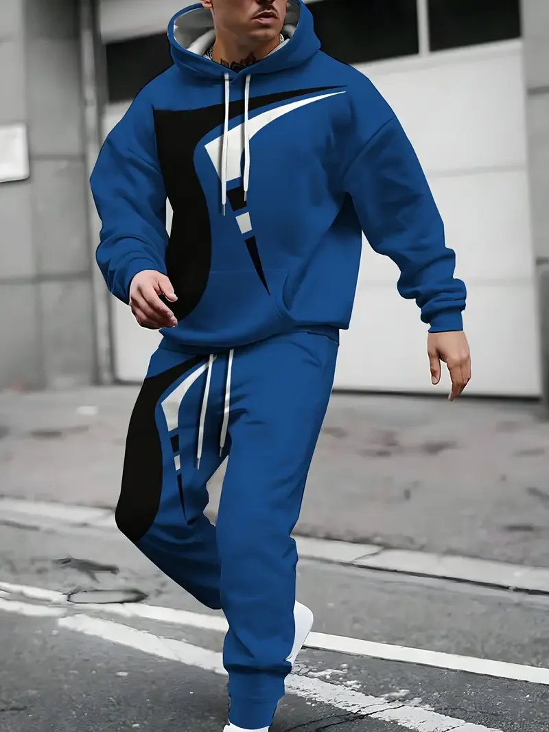 Męskie komplety dresowe z kapturem, spodnie patchworkowe z nadrukiem 3D, zestawy dwuczęściowe, streetwear, luźny krój, prostota, dres, bluza z długim rękawem.