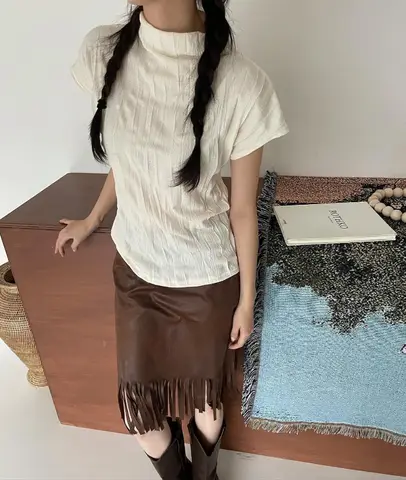 단색 빈티지 슬림 크롭탑, 하이 넥, 플라잉 슬리브, 짧은 티셔츠, Y2k, 블랙 티셔츠, 한국 플리츠 셔츠