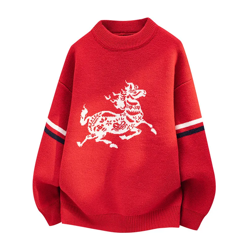 

2025 New Sle Men's Knitted Sweater Couple Winter Faion Red Color Woolen Yarn Year Design Casual Urban Wear