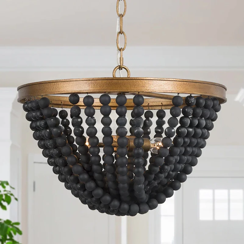 

New American farmhouse style black wooden bead pendant light, retro restaurant bedroom light