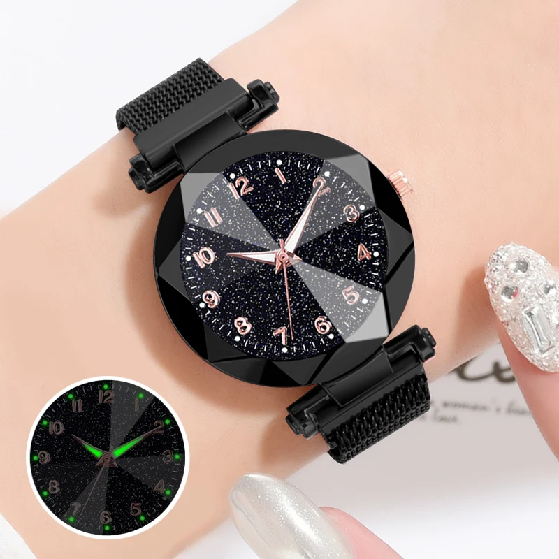 Fashion Starry Sky Watches Women Luminous Hands Black Mesh Band Quartz Wristwatches Ladies Magnet Watches Relogio Feminino