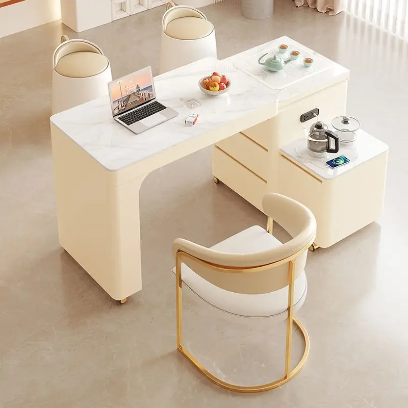 

Household tea table retractable rotating cream wind rock slab small tea table balcony tea table chair combination movable
