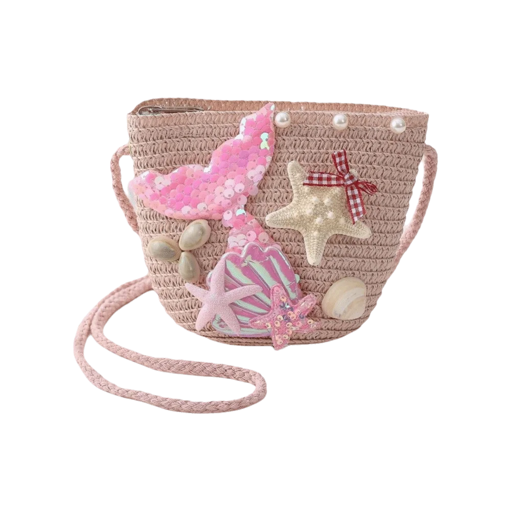 Fashionable Match Straw Woven Mermaid Crossbody Bag Lightweight Durable Slant Cross Bag Breathable Sequins Shoulder Bag Girls