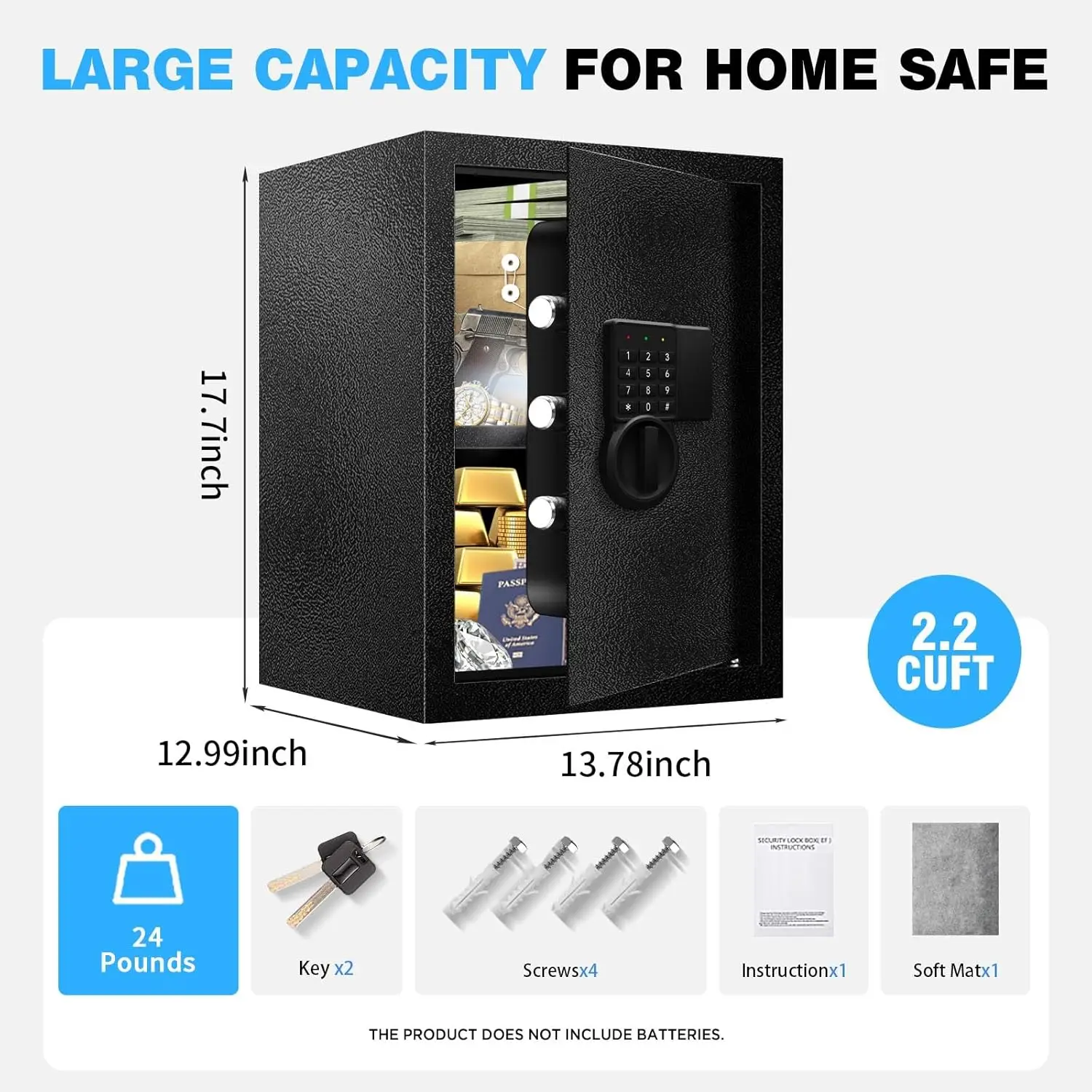 2.2 Cu Ft Safe Box For Home Documents -Steel Electronic Digital Safety Box for Office Money Jewelry Valuables, Personal Security