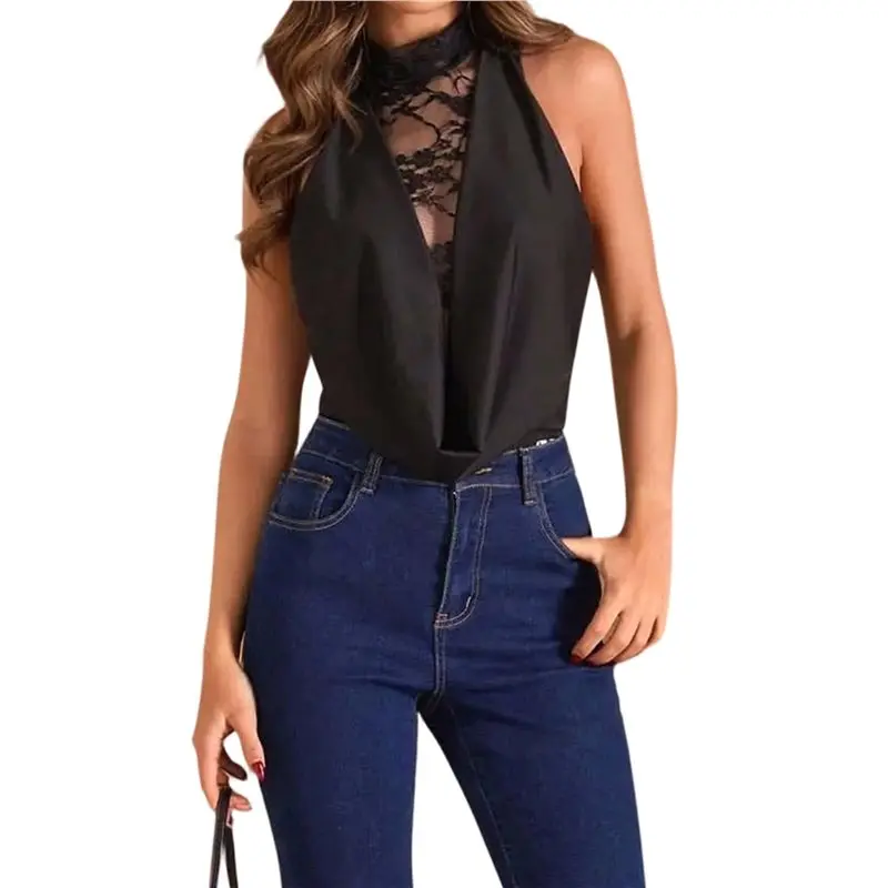 NEW-Women's Halter High Neck Lace Mesh Draped Collar Backless Sleeveless Bodysuit