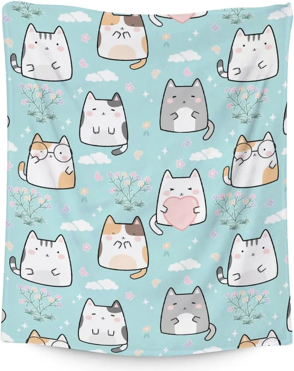 Cat Lovers Throw Blanket for Women & Girls - Light Blue Soft Fuzzy Plush Blankets