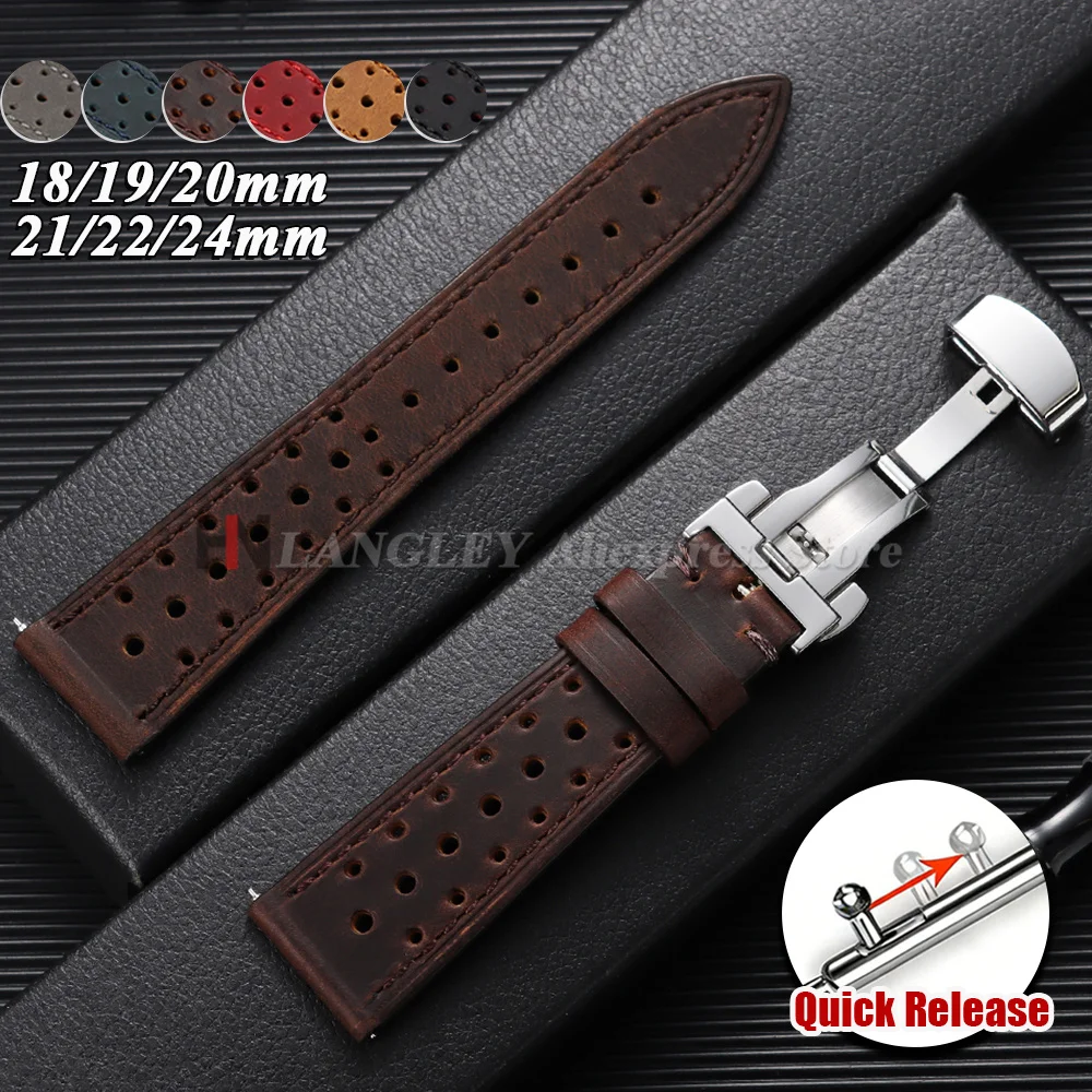 Bracelet de montre en cuir vintage respirant et poreux de 18 mm, 19 mm, 20 mm, 21 mm, 22 mm, 24 mm pour Omega, pour Seiko, avec attache rapide