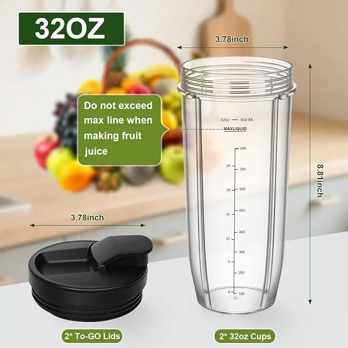 Reemplazo de taza de licuadora de 32OZ con 2 tapas para licuadora Ninja Auto IQ BL450 BL480 BL642 BL680 BN801 SS101 SS151
