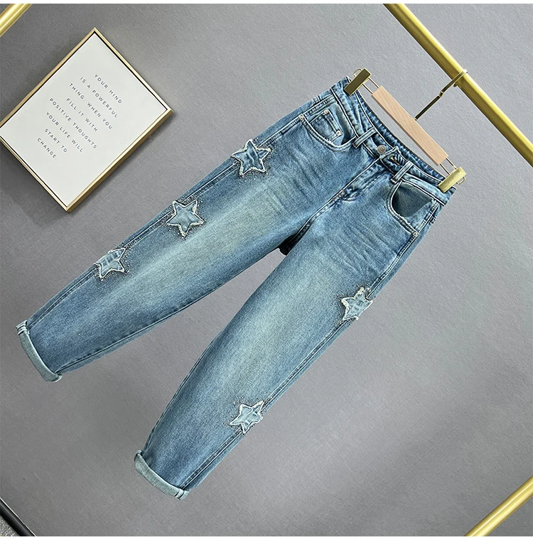 Harem Jeans Y2k Trousers Women's Clothes Trendy 2024 Spring New High Waist Loose And Slimming Rhinestone Patch Daddy Baggy Pants