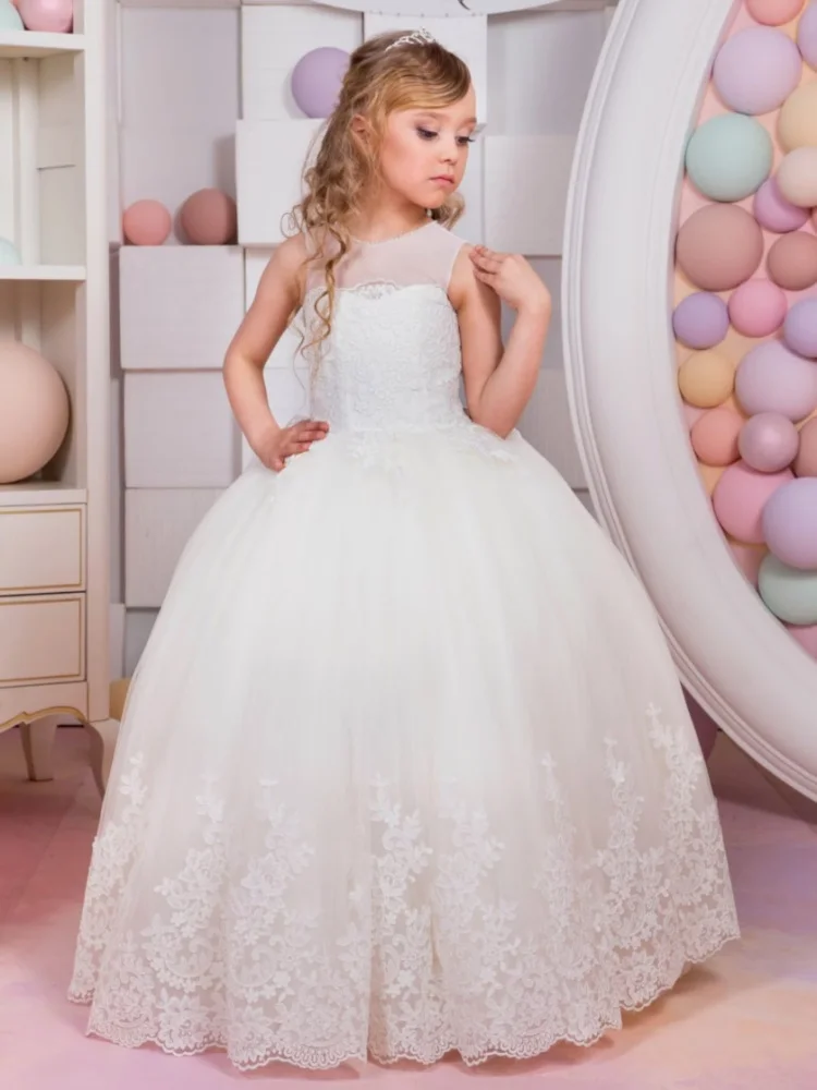 Ivory Lace Flower Girl Dress Sleeveless Tulle Long Pageant Gown Kid First Communion Dress Wedding Party Evening Princess Dresses
