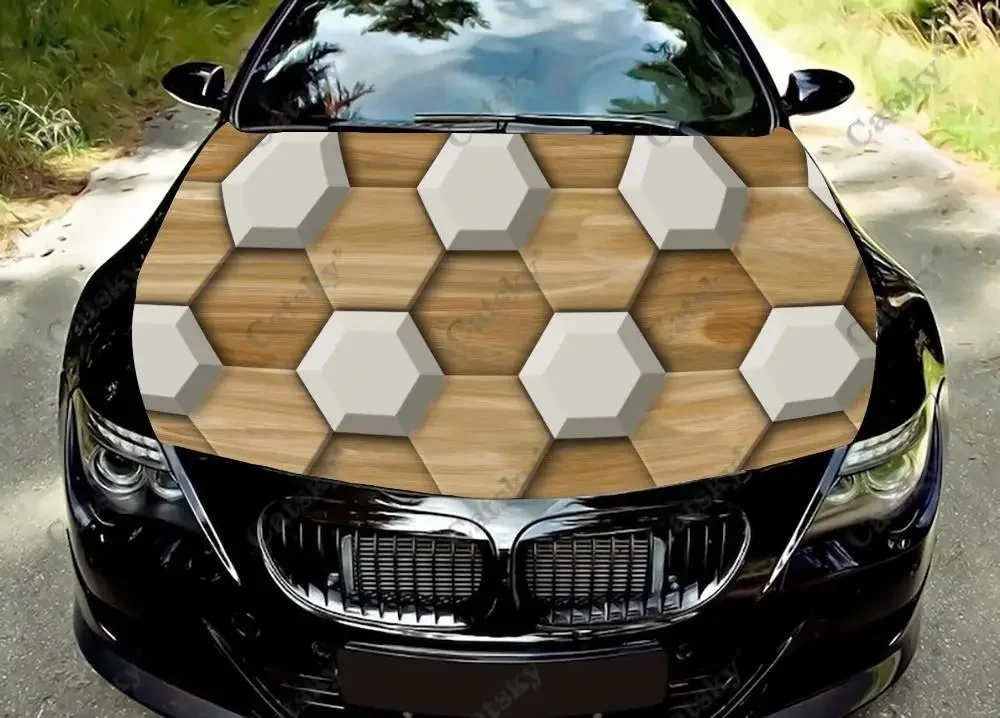 

3D Wood Hexagon Car Hood Vinyl Stickers Wrap Cover Vinyl Film Engine Decals Custom Auto Accessories Decoration Protect Gift