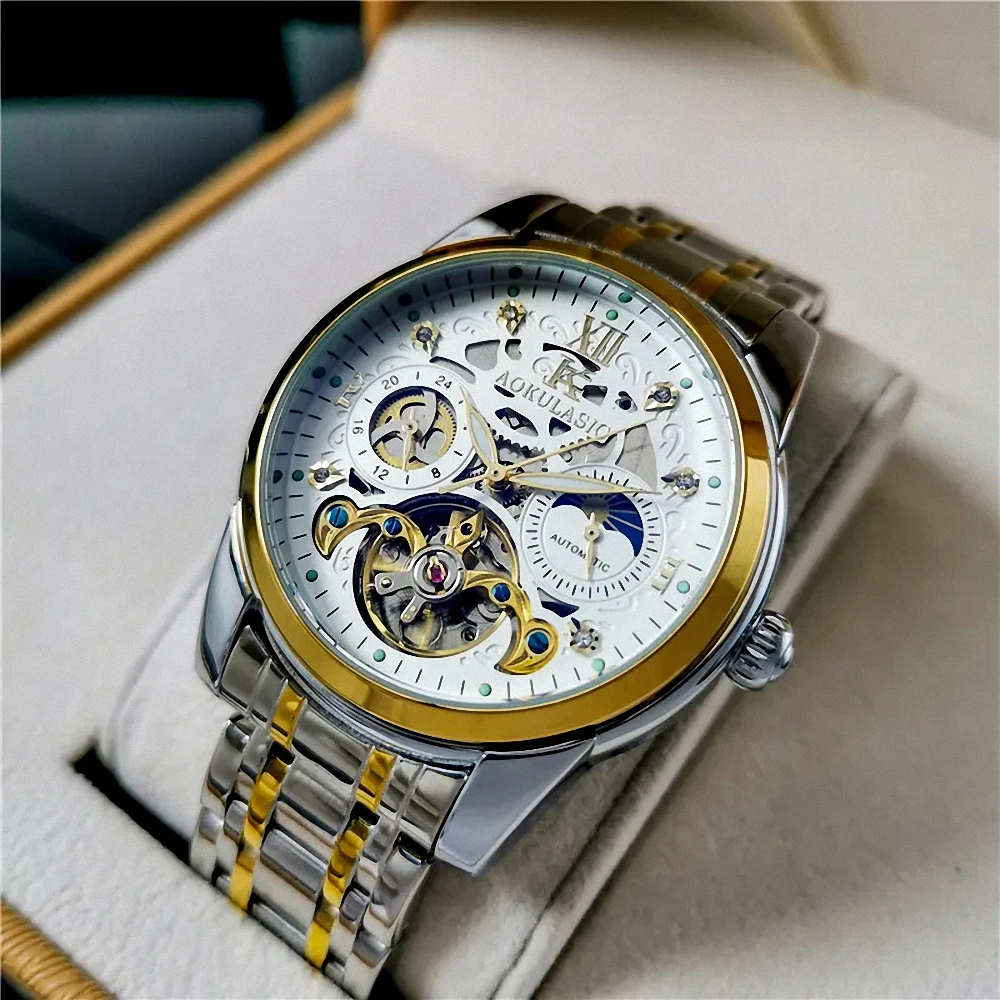 Luxury Brand Mechanical Watches Moon Phase Fashion Diamond Luminous Hands Tourbillon Skeleton Automatic Mens Watch Steel Strap