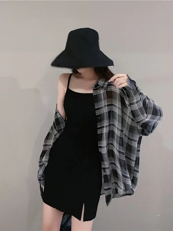Women's Summer Long Sleeve Sun Protection Shirt Thin Chiffon Korean Style Versatile Plaid Outerwear Breathable Loose Fit Card...