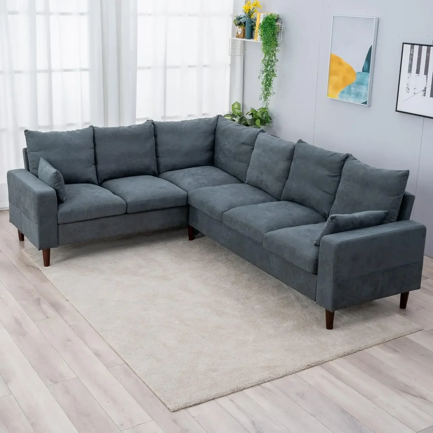 6 Seats LINEN FABRIC LARGE SECTIONAL CORNER SOFA SETTEE - SOFA for LIVING ROOM-LEFT/RIGHT-HAND SIDE SOFAS, GREY