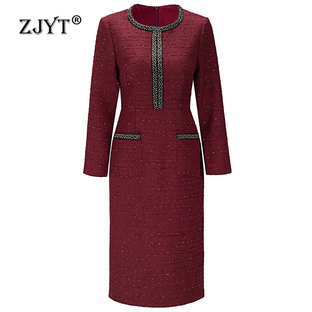 ZJYT Autumn Winter Beading Tweed Woolen Dresses for Women Elegant Long Sleeve Vintage Knee Length Party Casual Dress Black Robe