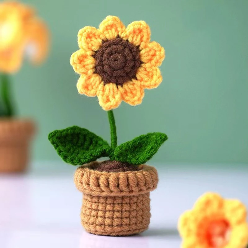 DIY Handwoven Mini Potted Flower Rose Office Desktop Ornamental Potted Plants Woolen Thread Finished Product Home Decoration