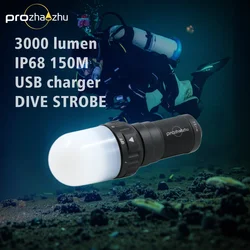 Underwater LED Strobe 3000 Lumen Wide Beam 26650 Rechargable IP68 200M Waterproof Scuba Diving Signal Light