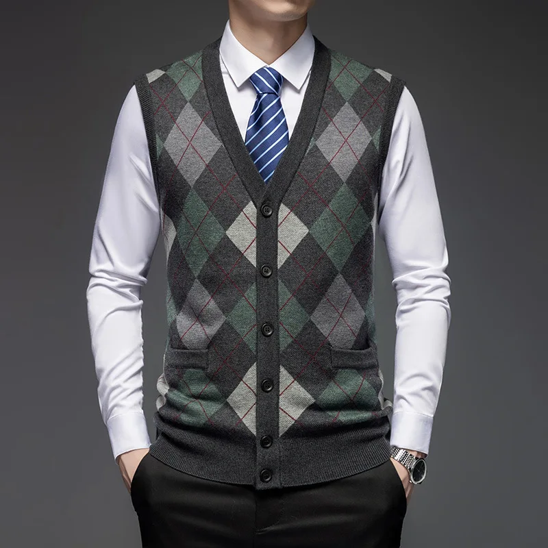 Men's Knitted Wool Vest Cardigan Sleeveless Pockets V-neck Sweater Base Vest Jacquard
