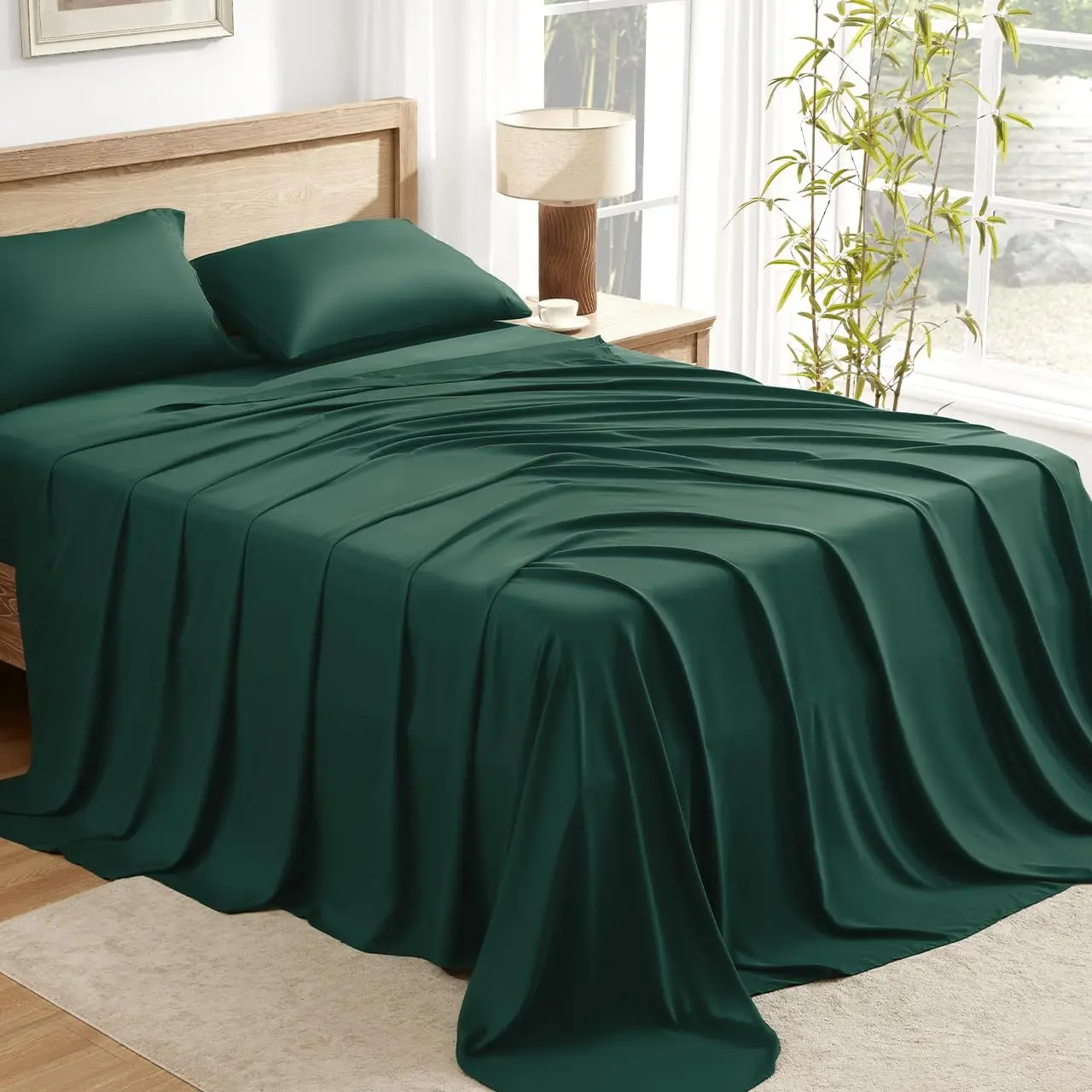 

Комплект постельного белья King Size из бамбуковой вискозы, охлаждающее летнее постельное белье с глубокими карманами, шелковисто-мягкое, гостиничного качества, темно-изумрудного цвета