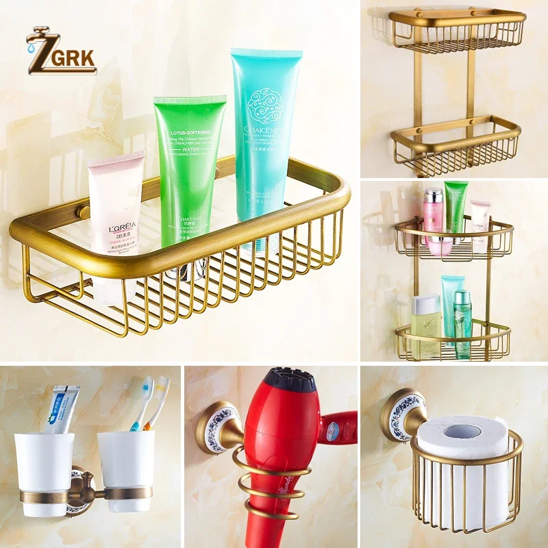 ZGRK Antique Bathroom Accessories Carved Brass Hardware Set Wall Mounted Towel Bar Paper Holder Cloth Hook Bathroom Hardware Kit